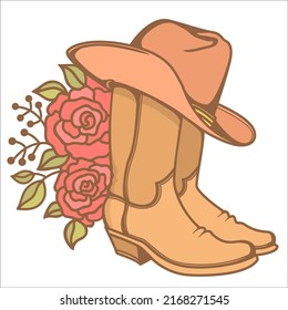 Botas de vaquero y sombrero de vaquero con decoración floral. Ilustración de vectores dibujada a mano aislada en blanco para diseño, tarjetas de felicitación, impresión