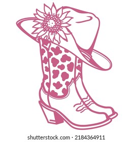 Cowboy boots and cowboy hat with  flowers decoration. Cowgirl boots vector pink graphic illustration isolated on white for print. Country wedding decor