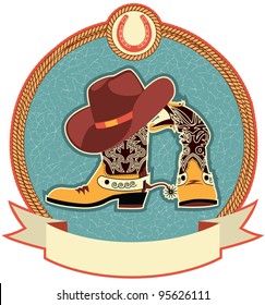 Cowboy boots and hat label.Vector illustration