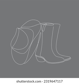 Cowboy Boots with hat line art minimalist western traditiobnal shoes female logo. Vector ranch hand drawn illustration isolated on white for design, greeting cards, print