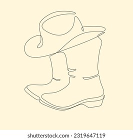 Cowboy Boots with hat line art minimalist western traditiobnal shoes female logo. Vector ranch hand drawn illustration isolated on white for design, greeting cards, print