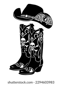 Cowboy boots and hat monochrome black drawing silhouette. Shoe pair of cowgirl boots decorated with skull and bones. Hand drawn Western style trendy Vector illustration isolated on white background.