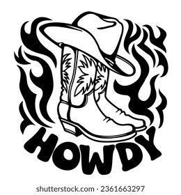 Cowboy boots and hat printable graphic illustration isolated on white for design. Vector outline illustration of Rodeo clothes for cowboys