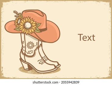 Cowboy boots and cowboy hat with sunflowers decoration. Cowgirl boots vector vintage illustration. Country wedding hand drawn illustration on old paper texture for text