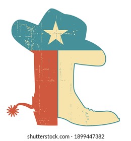 Cowboy boots and hat Texas flag decoration. Grunge vector American symbol vintage illustration isolated on white.