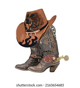 Cowboy boots and hat. Traditional western embroidered boots with spurs and cowboy hat with skull decoration. Wild west concept. Vector realistic illustration isolated on white background.