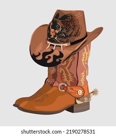 Cowboy boots and hat. Traditional western embroidered boots with spurs and cowboy hat with skull decoration. Wild west concept. Vector realistic illustration isolated on white background.