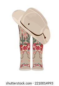 Cowboy Boots And Hat. Traditional Western Cowgirl Boots With Embroidered Decoration. Wild West Concept. Realistic Vector Art Illustration Isolated On White Background.