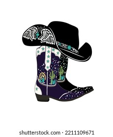 Cowboy boots and hat. Traditional western embroidered black boots and cowboy hat with white and turquoise decoration. Wild west concept. Vector realistic illustration isolated on white background.