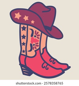 Cowboy boots and hat Vector colors Illustration isolated on white background - Wild West Country Style for printing