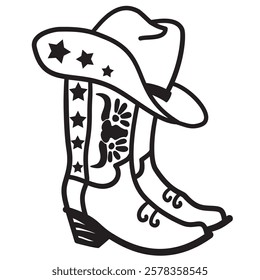 Cowboy boots and hat Vector graphic silhouette Illustration isolated on white background - Wild West Country Style