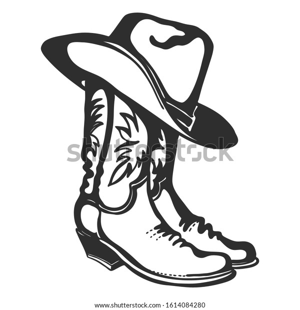 Cowboy boots and hat. Vector\
graphic hand drawn illustration isolated on white for print or\
design