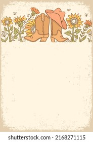 Cowboy boots and cowboy hat vector vintage background. Country vector frame illustration with flowers decor on vintage old paper texture background for text