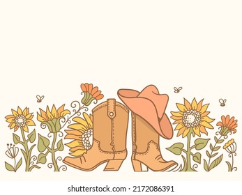 Botas de vaquero y fondo vintage de sombrero de vaquero para texto. Ilustración vectorial de campo con decoración de girasoles en fondo antiguo vintage