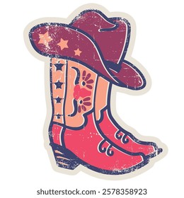 Cowboy boots and hat vintage vector colors Illustration isolated on white background - Wild West Country Style for printing