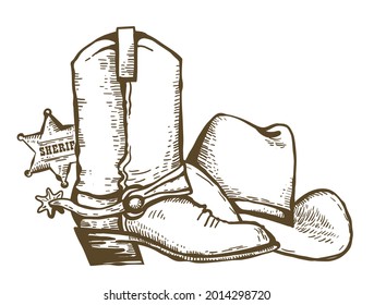 Cowboy boots and cowboy hat. Vintage Wild West clothes hand drawn illustration with sheriff star. Vector country ranch isolated on white.