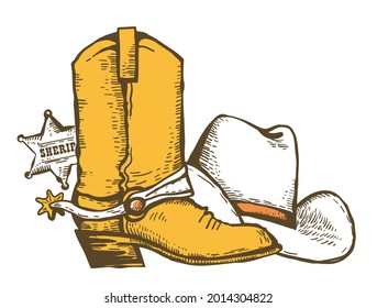 Cowboy boots and cowboy hat. Vintage Wild West clothes hand drawn color illustration with sheriff star. Vector country ranch isolated on white.