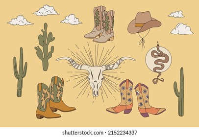 Cowboy boots and hat western boho vector set. Cow skull with sun beams. Cactuses and snake. Cartoon flat illustrations. Beige background.