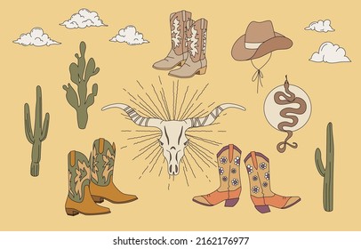 Cowboy boots and hat western boho illustration. Vector graphic with editable stroke. Wild West aesthetic isolated on beige backdrop.