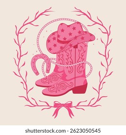 Cowboy boots and Hats, Horseshoe. Cowgirl. Cowboy girl wears boots. Wild west theme.