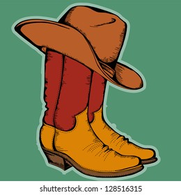 Cowboy boots and hat.Vector color illustration isolated