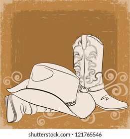 Cowboy boots and hat.Vector grunge background for text