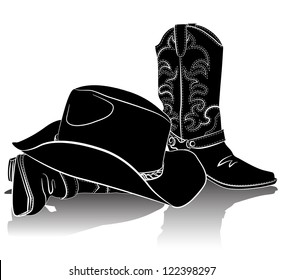 Cowboy boots and hat.Vector grunge background for text