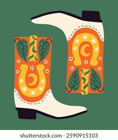 Cowboy boots with horseshoe and flowers. Quirky poster. Hand drawn vector illustration for banner, card, t shirt.