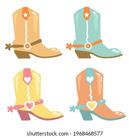 Cowboy boots isolated on white. Vector set of wild west cowboy boots and cowgirl boots in sweet tender colors for design