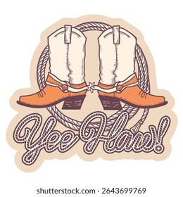 Cowboy boots and lasso Rodeo with Yee haw lettering vector hand drawn illustration isolated on white background for design. Vector printable black graphic Rodeo symbol for print.