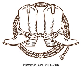 Cowboy Boots And Lasso. Vector Brown Hand Drawn Illustration With Cowboy Boots And Rodeo Lasso