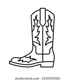 Cowboystiefel, Liniensymbol. Westliche Lederschuhe, amerikanischer Wild West Stil. Lineare Illustration, editierbarer Strich. 