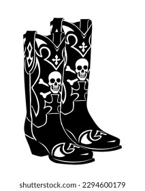 Botas de vaquero monocromo de dibujo negro. Un par de zapatos con botas de vaquera. El concepto de "el oeste salvaje". Dibujo a mano estilo grabado trendy Vector ilustración de arte aislado en fondo blanco