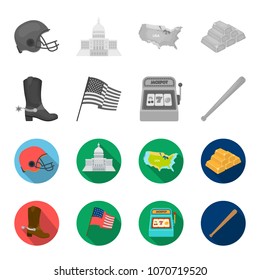 Cowboy boots, national flag, slot machine, baseball bat. USA country set collection icons in monochrome,flat style vector symbol stock illustration web.