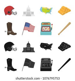 Cowboy boots, national flag, slot machine, baseball bat. USA country set collection icons in black,cartoon style vector symbol stock illustration web.