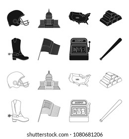 Cowboy boots, national flag, slot machine, baseball bat. USA country set collection icons in black,outline style vector symbol stock illustration web.