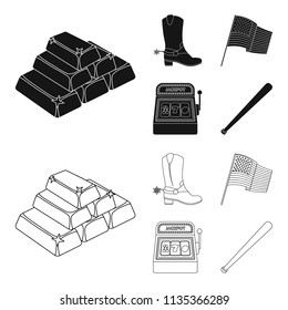 Cowboy boots, national flag, slot machine, baseball bat. USA country set collection icons in black,outline style vector symbol stock illustration web.