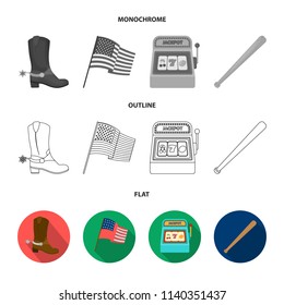 Cowboy boots, national flag, slot machine, baseball bat. USA country set collection icons in flat,outline,monochrome style vector symbol stock illustration web.