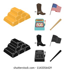 Cowboy boots, national flag, slot machine, baseball bat. USA country set collection icons in cartoon,black style vector symbol stock illustration web.