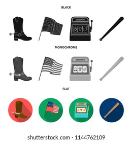 Cowboy boots, national flag, slot machine, baseball bat. USA country set collection icons in black, flat, monochrome style vector symbol stock illustration web.
