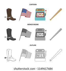 Cowboy boots, national flag, slot machine, baseball bat. USA country set collection icons in cartoon,outline,monochrome style vector symbol stock illustration web.