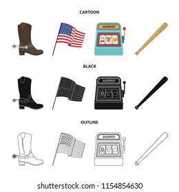 Cowboy boots, national flag, slot machine, baseball bat. USA country set collection icons in cartoon,black,outline style vector symbol stock illustration web.