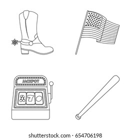 Cowboy boots, national flag, slot machine, baseball bat. USA country set collection icons in outline style vector symbol stock illustration web.