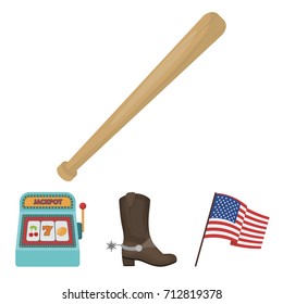 Cowboy boots, national flag, slot machine, baseball bat. USA country set collection icons in cartoon style vector symbol stock illustration web.