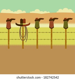 Cowboy boots on fence post.Vector illustration of flat design style