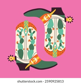 Cowboy boots on pink background. Quirky card in western stile. Hand drawn vector illustration for banner, print, t shirt.