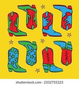 COWBOY BOOTS ON YELLOW Background Attributes Of The Wild West A Set Of Vector Illustrations Of Symbol Of American Movies And Prairies Bright Clipart For Print