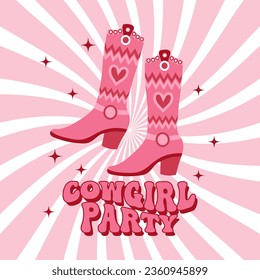 Cowboy boots with ornament. Pink Western Cowgirl boots and Cowgirl party text. Illustration. Vector