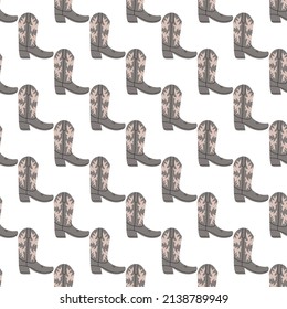 Cowboy boots with ornament seamless pattern. Wild west theme. Hand drawn colored trendy vector illustration on white background
