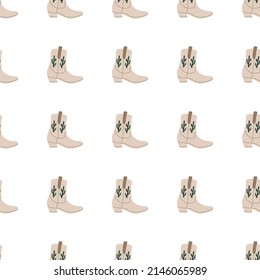 Cowboy boots with ornament seamless pattern. Wild west theme. Hand drawn colored trendy vector illustration on white background